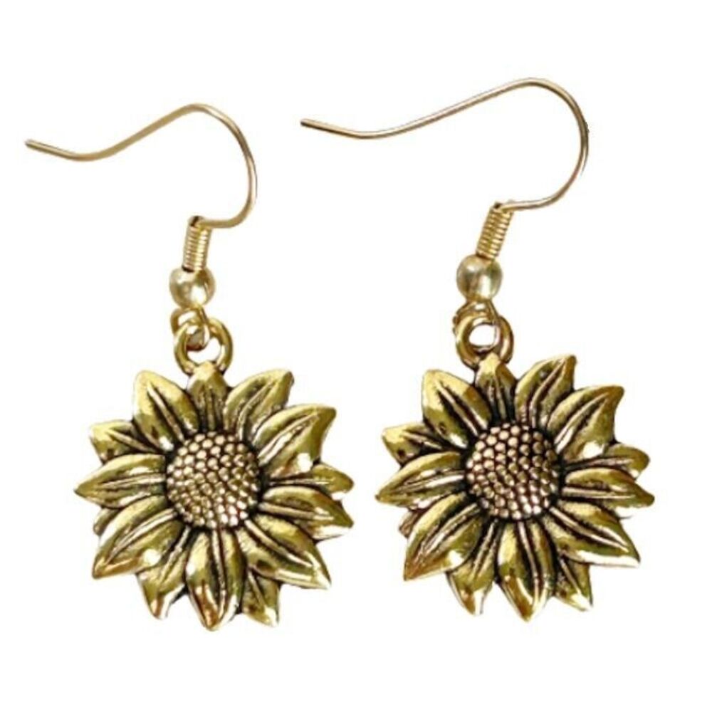 NEW Summer SUNFLOWER Flower Earrings Gold Drop Dangle French Hook Garden
